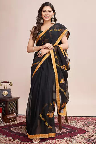 Mustard embroidered georgette saree with blouse piece