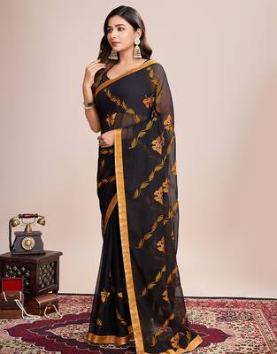 Mustard embroidered georgette saree with blouse piece 4