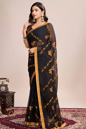 Mustard embroidered georgette saree with blouse piece