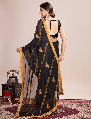 Mustard embroidered georgette saree with blouse piece 5
