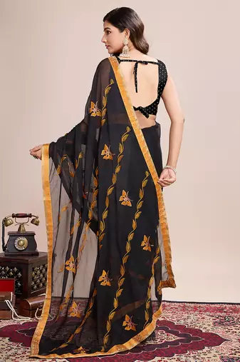 Mustard embroidered georgette saree with blouse piece