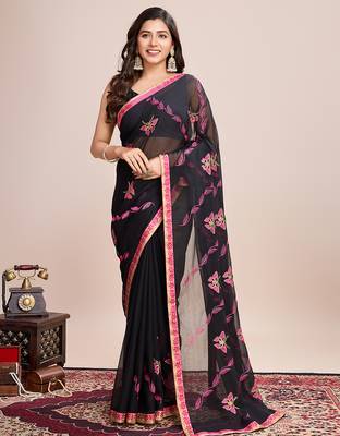 Pink embroidered georgette saree with blouse piece 1