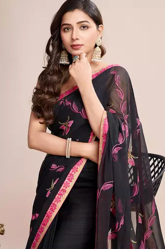 Pink embroidered georgette saree with blouse piece
