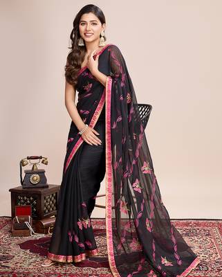 Pink embroidered georgette saree with blouse piece 3