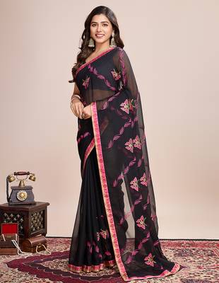 Pink embroidered georgette saree with blouse piece 4