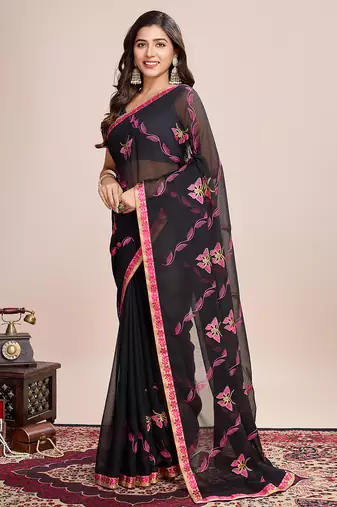 Pink embroidered georgette saree with blouse piece