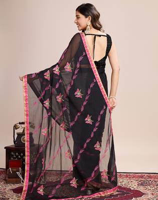 Pink embroidered georgette saree with blouse piece 5