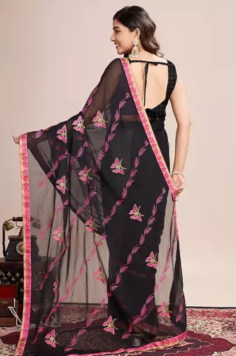 Pink embroidered georgette saree with blouse piece