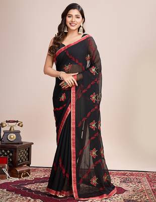 Red embroidered georgette saree with blouse piece 1