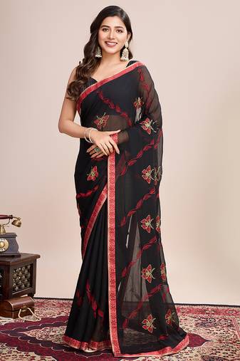 Red embroidered georgette saree with blouse piece
