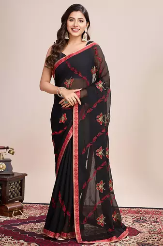 Red embroidered georgette saree with blouse piece