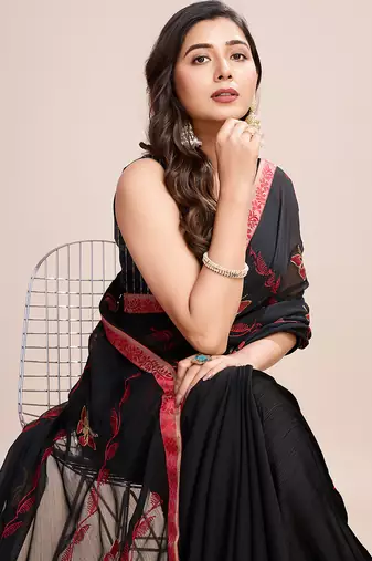 Red embroidered georgette saree with blouse piece