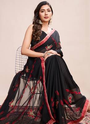 Red embroidered georgette saree with blouse piece 3