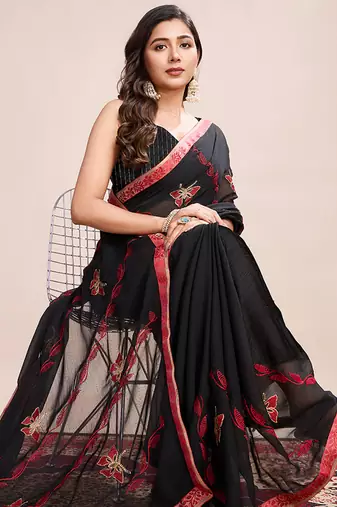 Red embroidered georgette saree with blouse piece