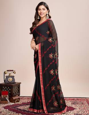 Red embroidered georgette saree with blouse piece 4