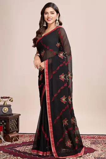 Red embroidered georgette saree with blouse piece
