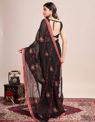 Red embroidered georgette saree with blouse piece 5