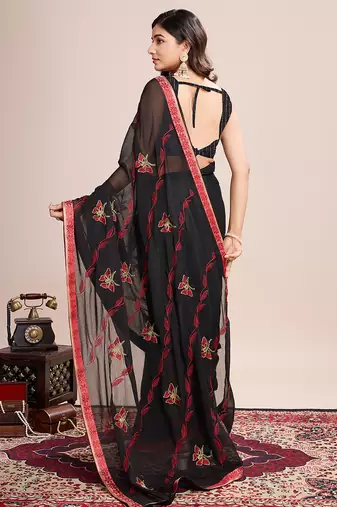 Red embroidered georgette saree with blouse piece