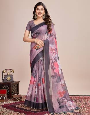Multicolor printed linen saree with blouse piece 1