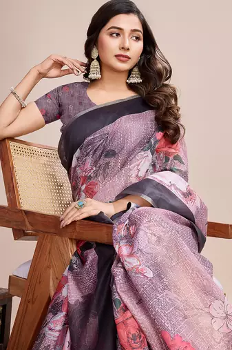 Multicolor printed linen saree with blouse piece