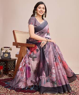 Multicolor printed linen saree with blouse piece 3