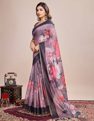 Multicolor printed linen saree with blouse piece 4