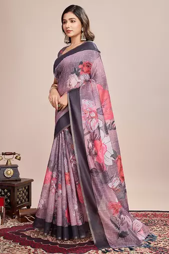 Multicolor printed linen saree with blouse piece
