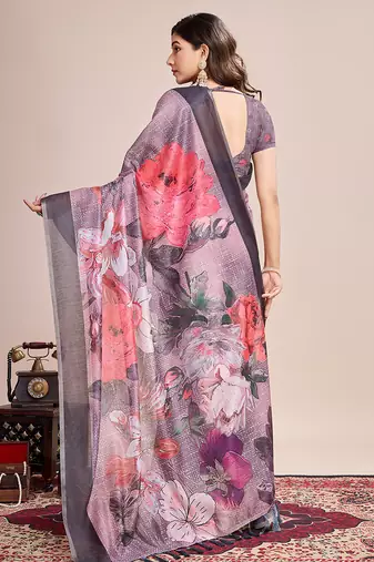 Multicolor printed linen saree with blouse piece