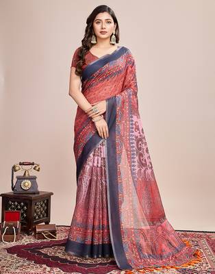 Multicolor printed linen saree with blouse piece 1