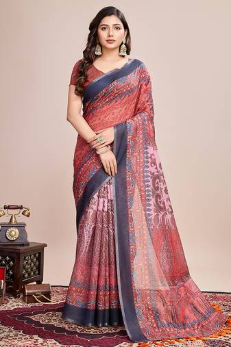 Multicolor printed linen saree with blouse piece