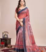 Multicolor printed linen saree with blouse piece