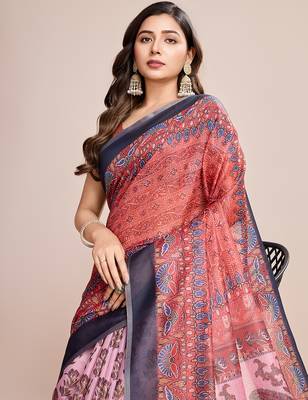 Multicolor printed linen saree with blouse piece 2