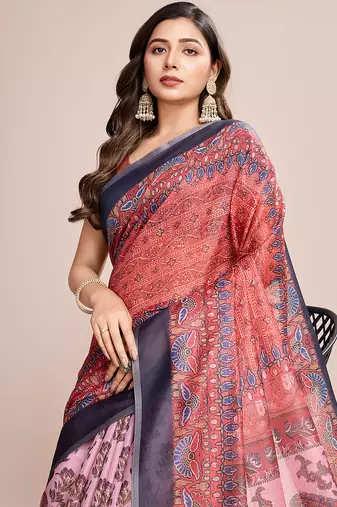 Multicolor printed linen saree with blouse piece
