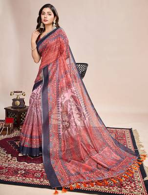 Multicolor printed linen saree with blouse piece 3