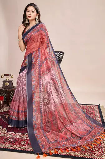 Multicolor printed linen saree with blouse piece