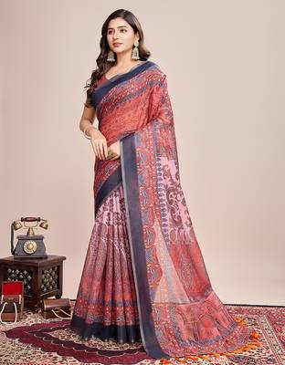 Multicolor printed linen saree with blouse piece 4
