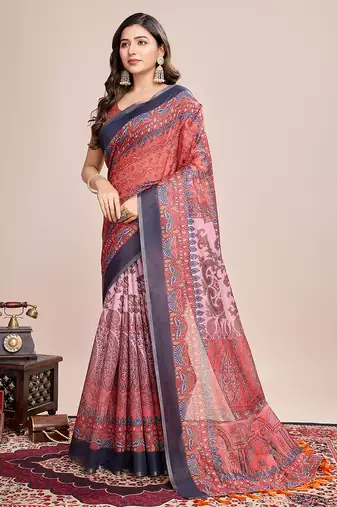 Multicolor printed linen saree with blouse piece