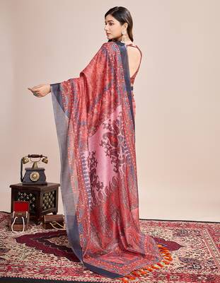 Multicolor printed linen saree with blouse piece 5