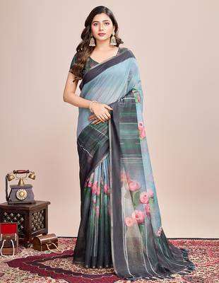 Multicolor printed linen saree with blouse piece 1