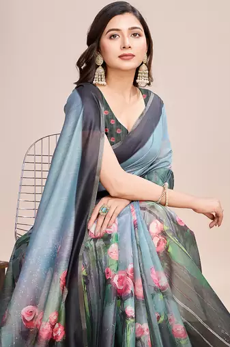 Multicolor printed linen saree with blouse piece