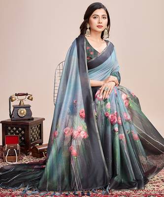 Multicolor printed linen saree with blouse piece 3