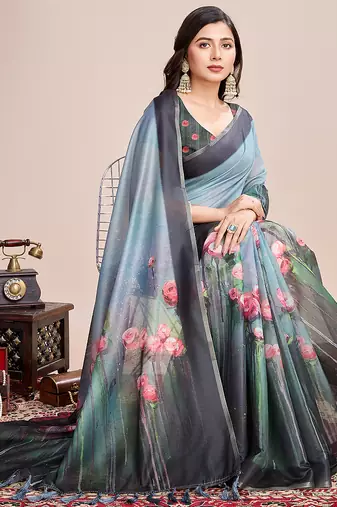 Multicolor printed linen saree with blouse piece