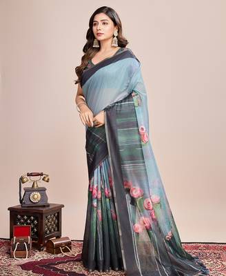 Multicolor printed linen saree with blouse piece 4