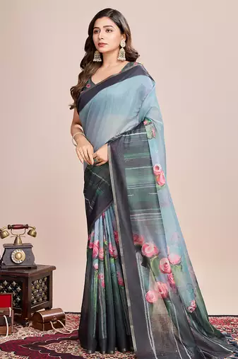 Multicolor printed linen saree with blouse piece