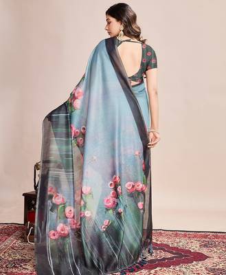 Multicolor printed linen saree with blouse piece 5