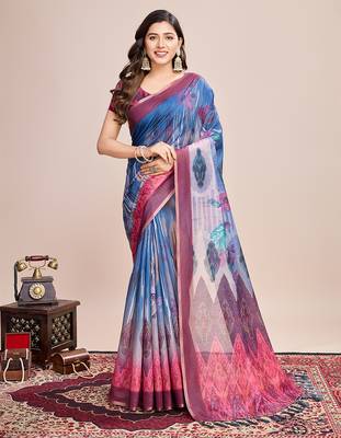 Multicolor printed linen saree with blouse piece 1