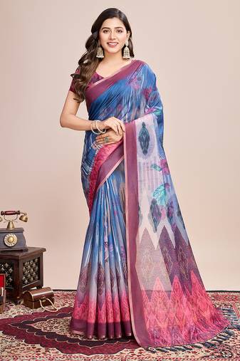 Multicolor printed linen saree with blouse piece