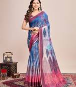 Multicolor printed linen saree with blouse piece