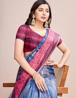 Multicolor printed linen saree with blouse piece 2