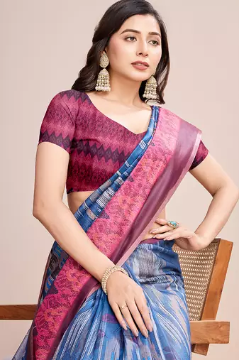 Multicolor printed linen saree with blouse piece